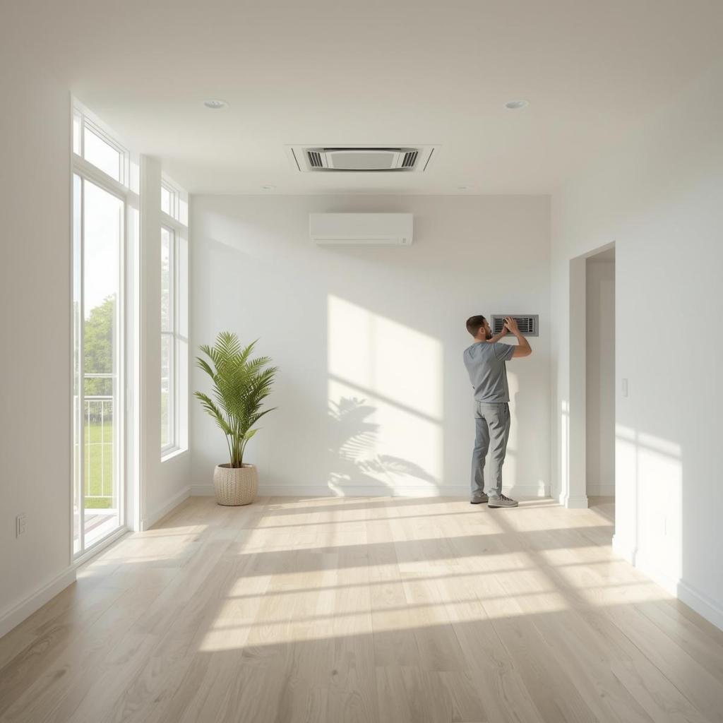 Technician inspecting residential HVAC vent for airflow and indoor air quality