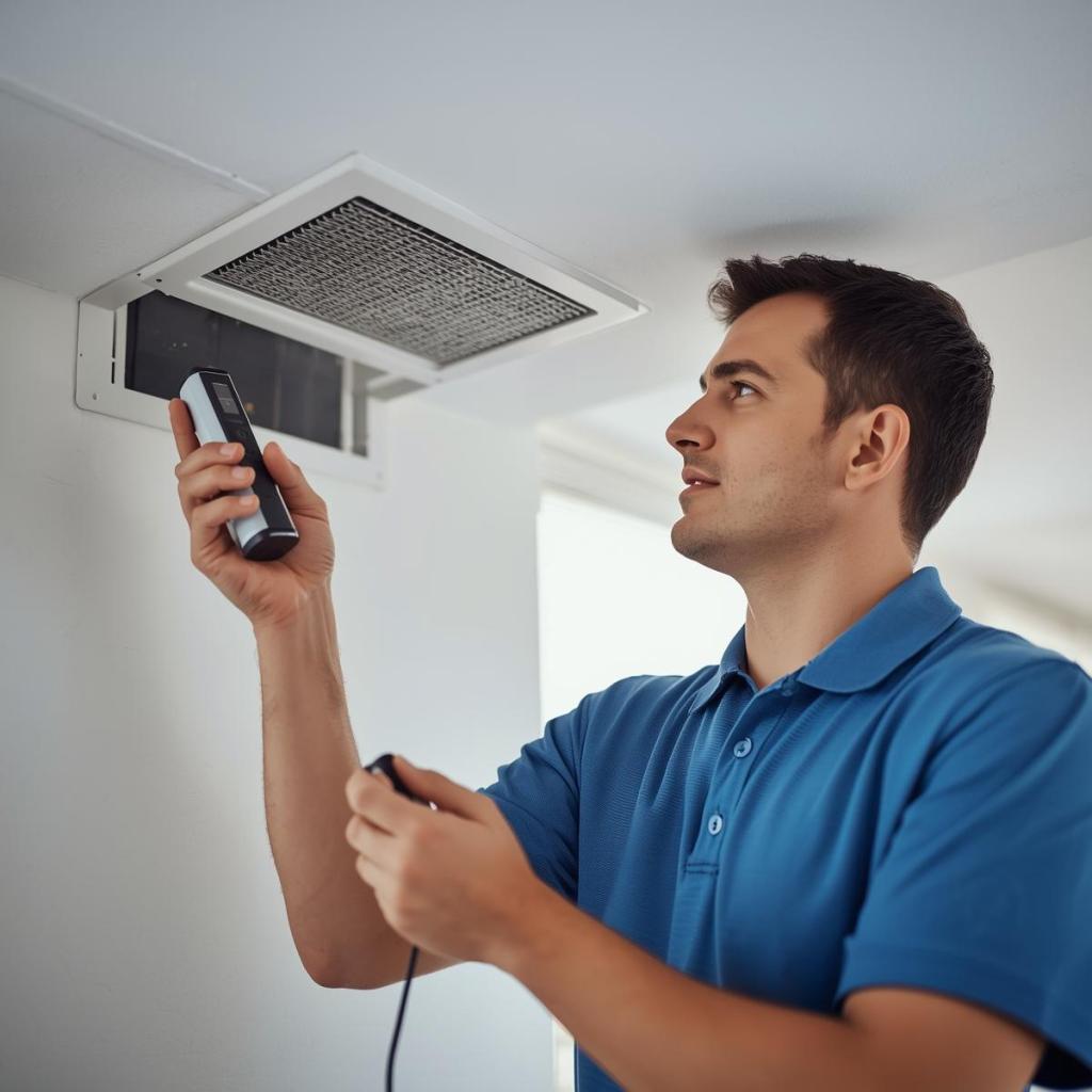 Technician inspecting residential HVAC vent for airflow and indoor air quality